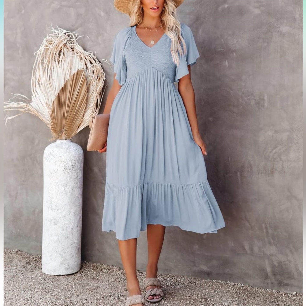 BZB Womens V Neck Smocked Midi Ruffle Sleeve A Line Boho Dress